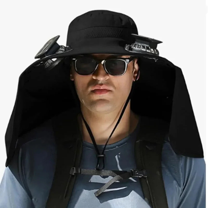SolarBreeze solar fan hat side profile showing brim width and fan placement