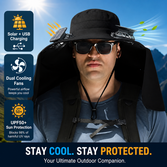 SolarBreeze dual solar fan wide brim sun hat in light gray for outdoor use