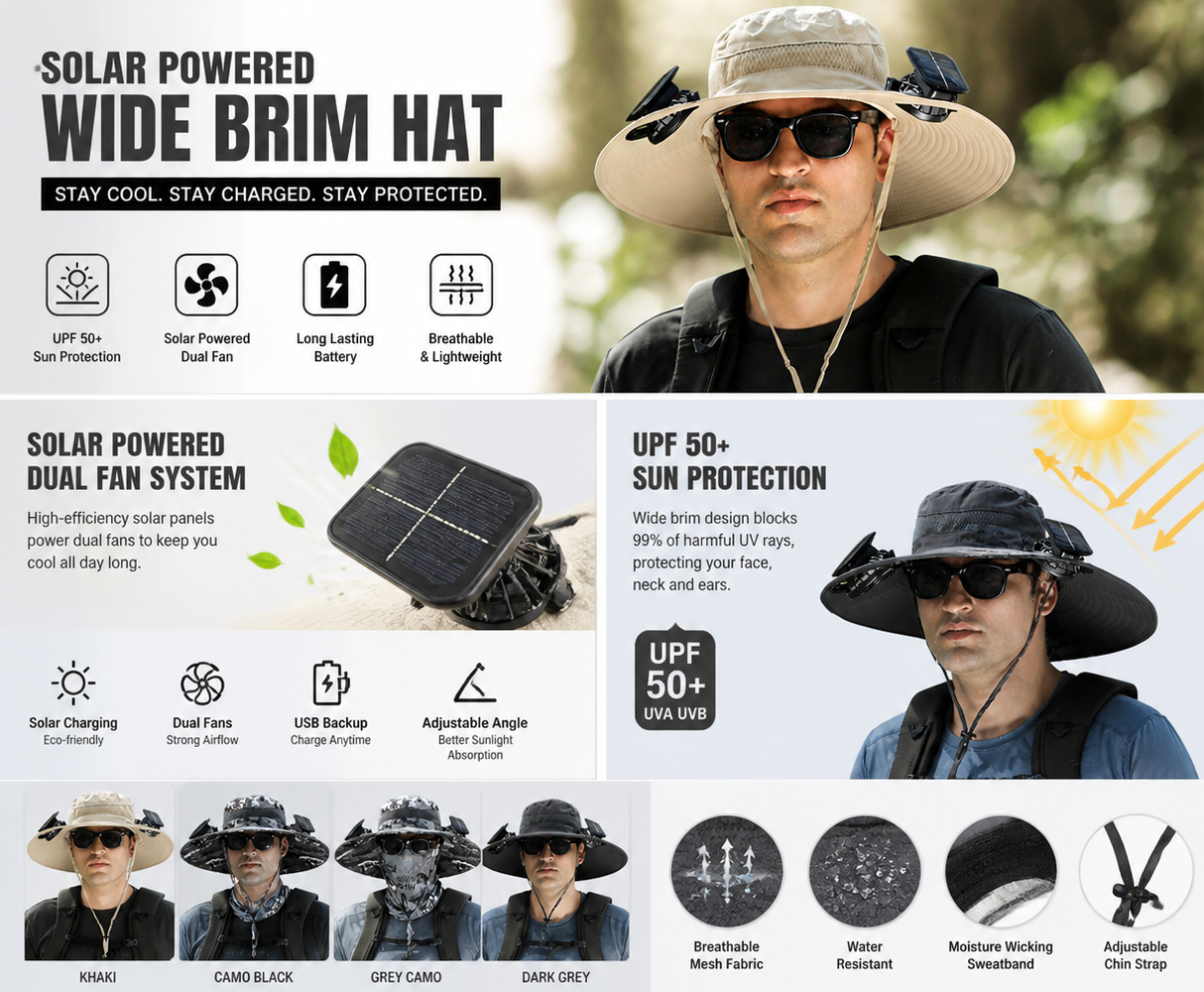 SolarBreeze™ Detachable Fan Wide Brim Hat – UV Protection Outdoor Cap