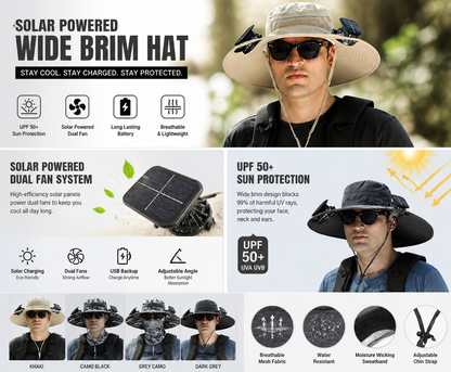 SolarBreeze™ Detachable Fan Wide Brim Hat – UV Protection Outdoor Cap