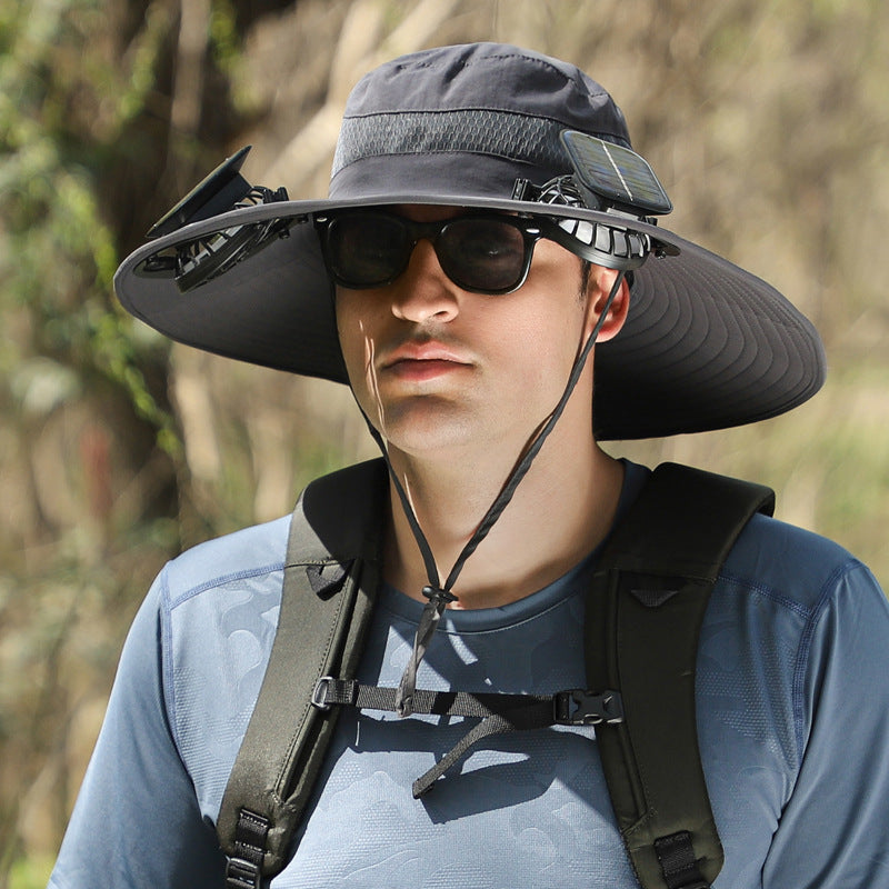Detachable solar charging fan built-in wide brim hat for men, summer outdoor sun hat, hiking and fishing cap
