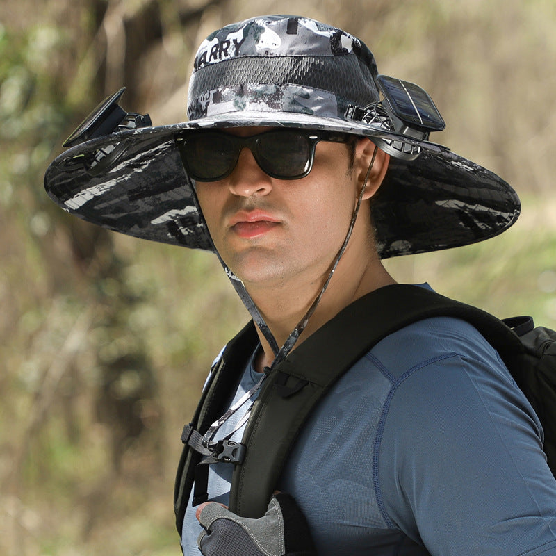Detachable solar charging fan built-in wide brim hat for men, summer outdoor sun hat, hiking and fishing cap