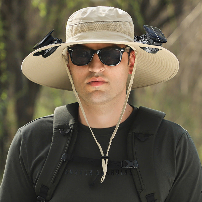Detachable solar charging fan built-in wide brim hat for men, summer outdoor sun hat, hiking and fishing cap