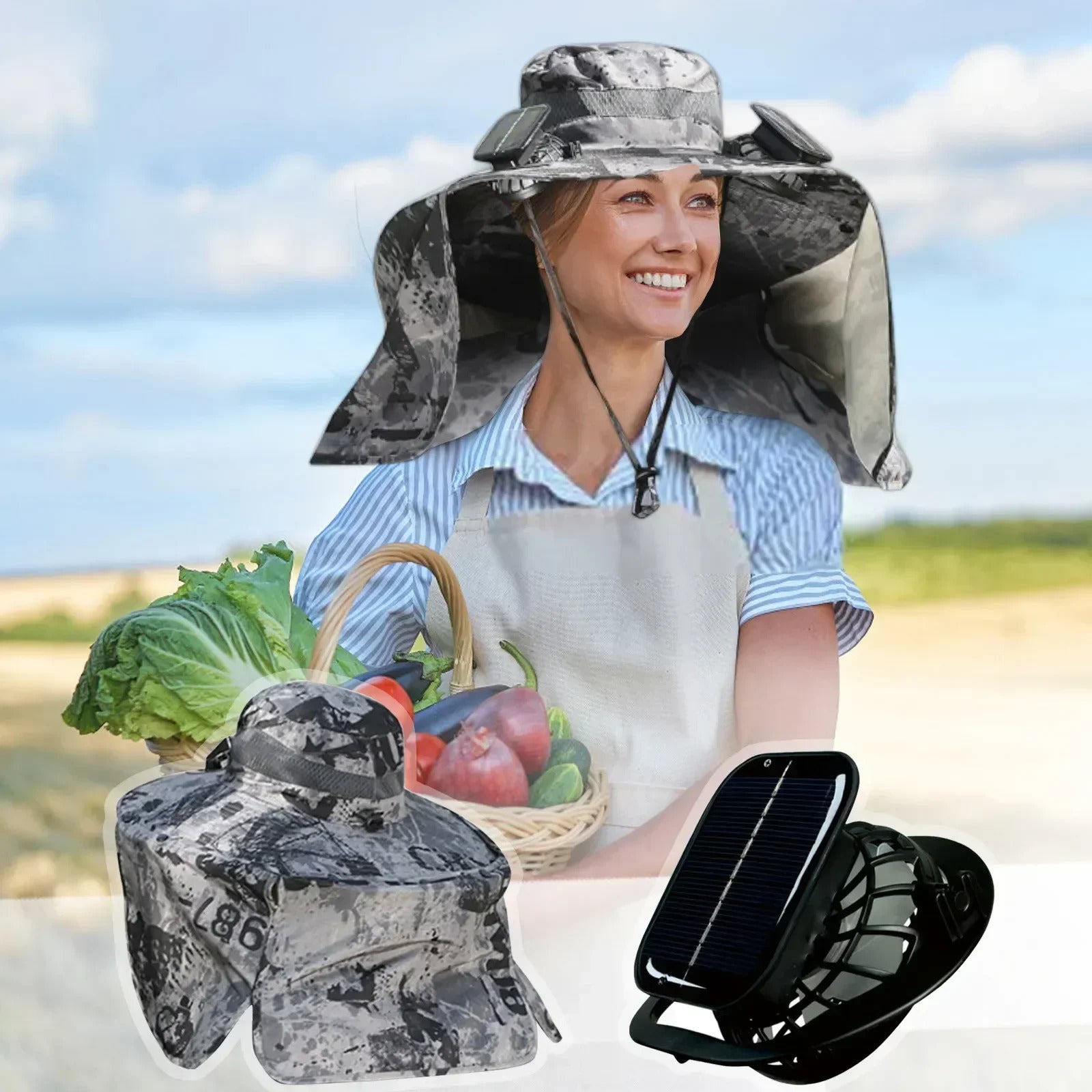 SolarBreeze solar fan hat close-up of solar panel and dual fan mechanism