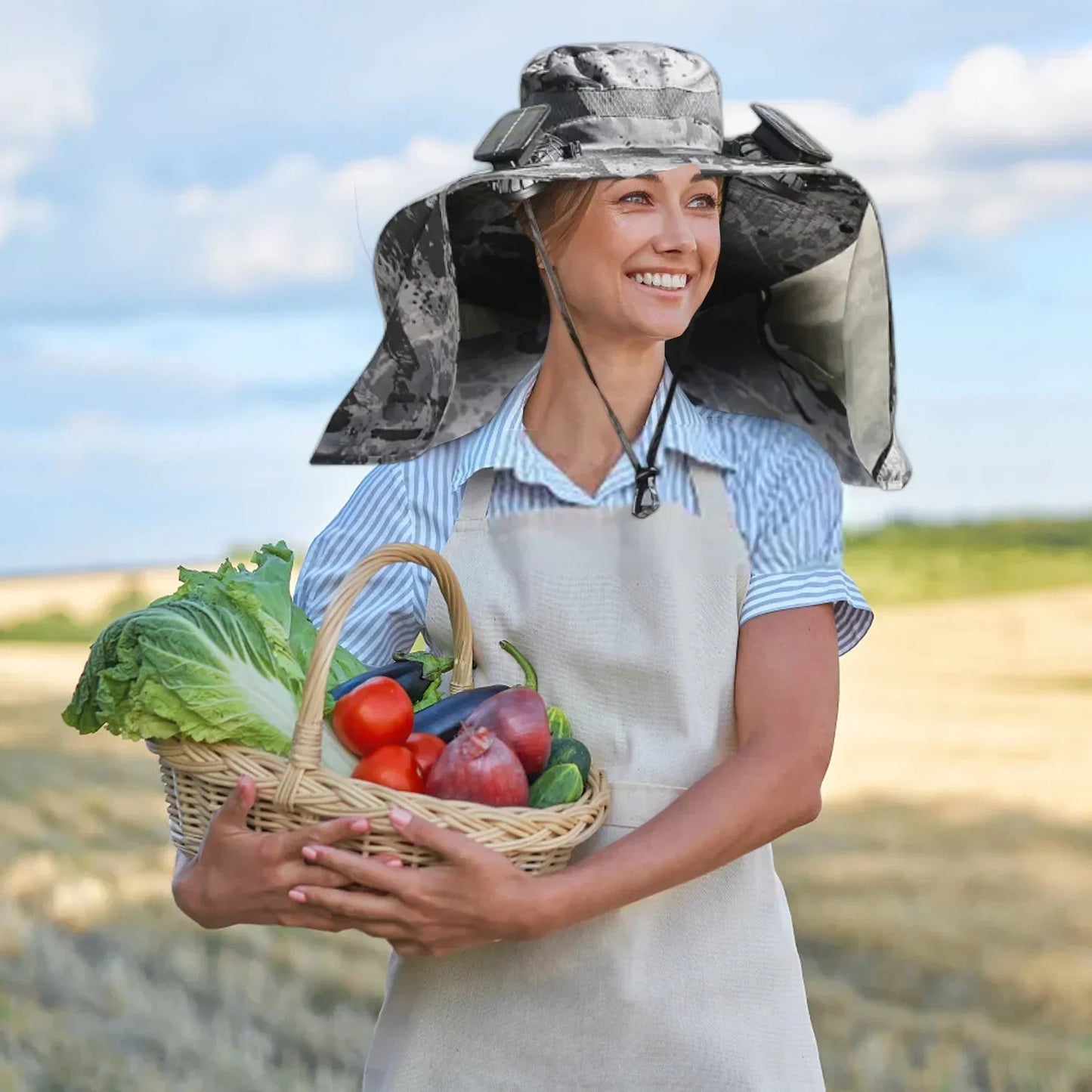 SolarBreeze solar fan hat worn outdoors on sunny day hiking