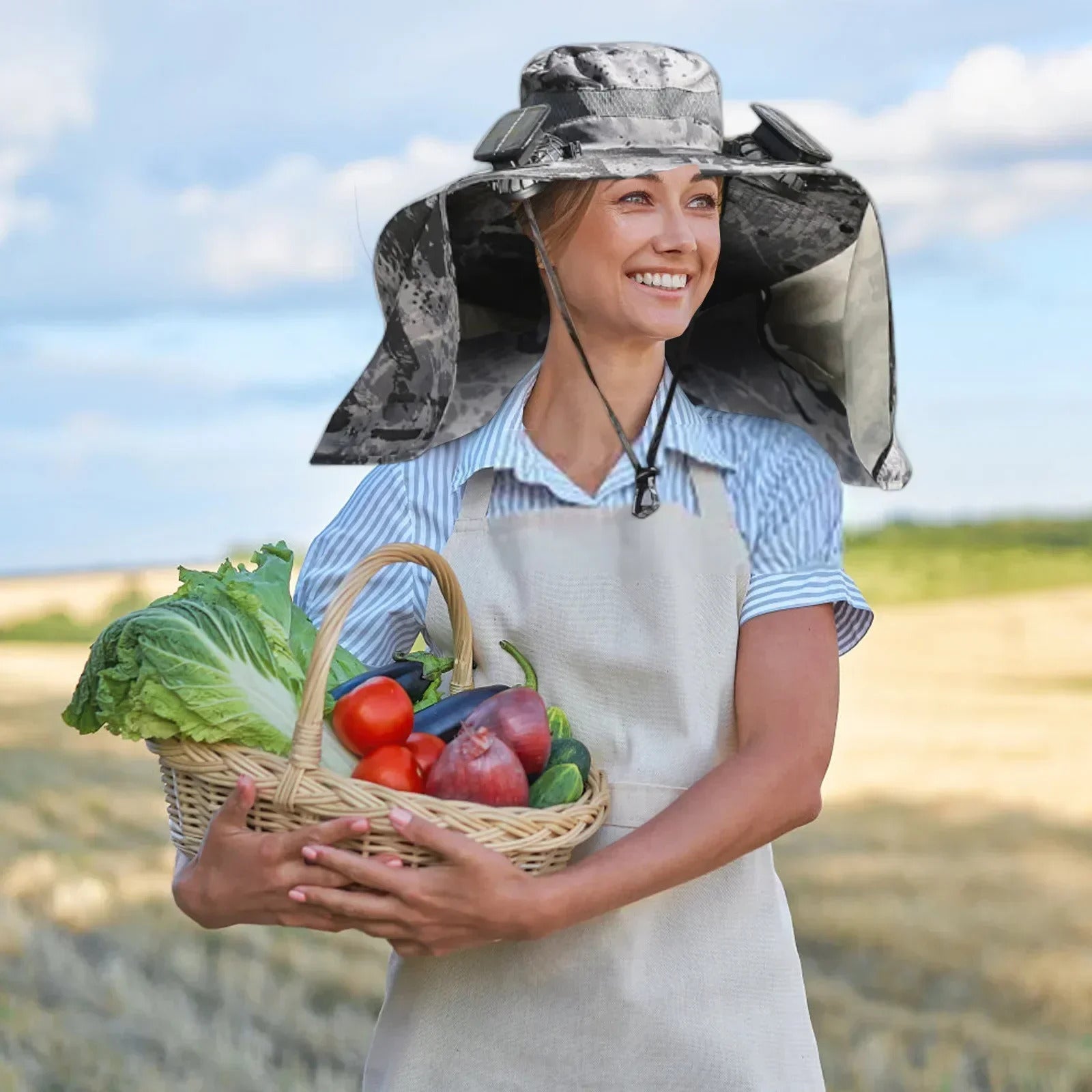 SolarBreeze solar fan hat worn outdoors on sunny day hiking