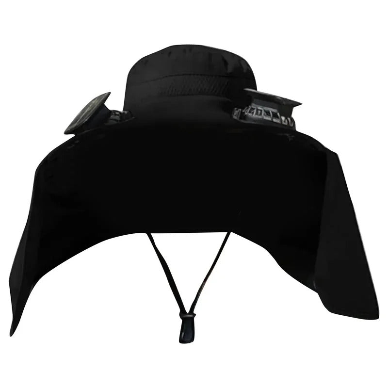 SolarBreeze solar fan hat flat lay showing adjustable strap and lightweight build