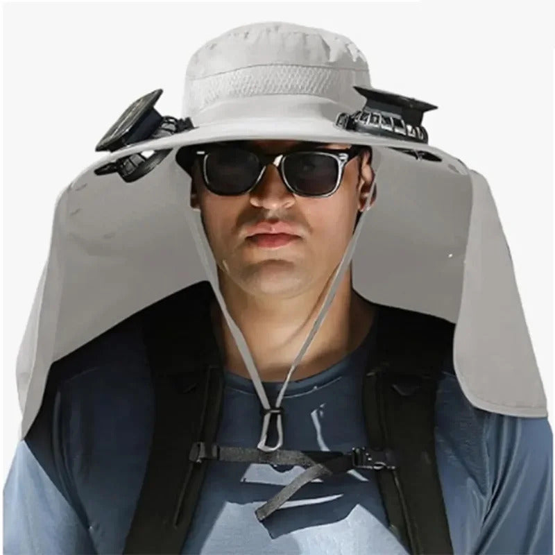 SolarBreeze solar fan hat being worn during fishing trip sun protection