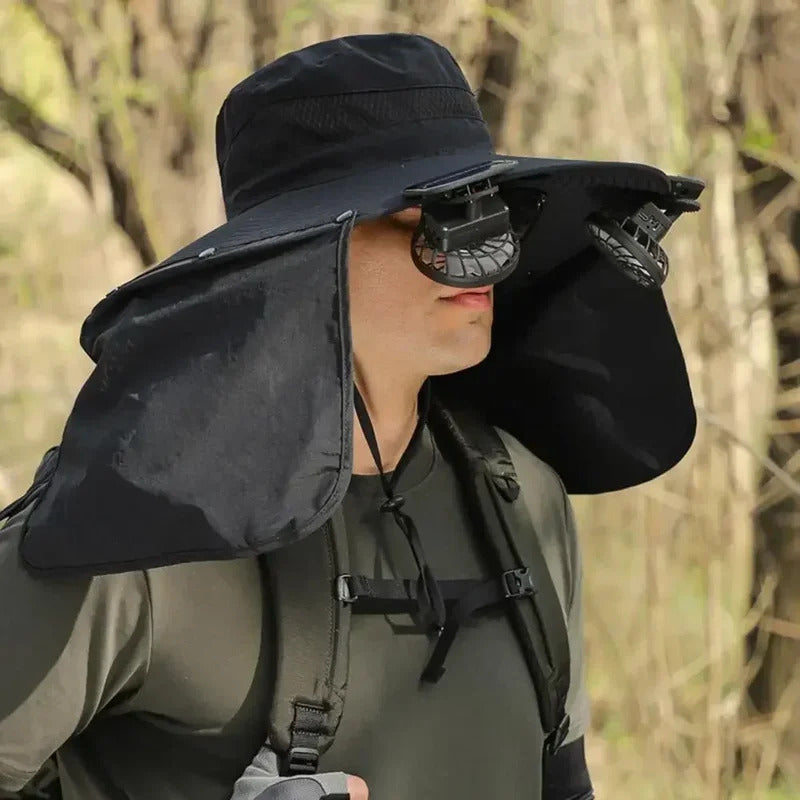 SolarBreeze solar fan hat front view showing dual fans and wide brim